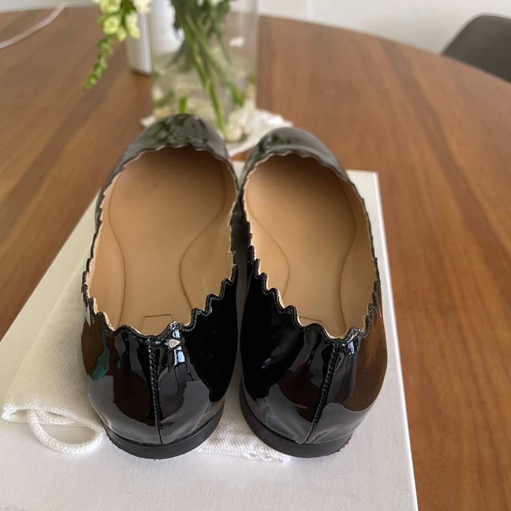 Chloe Glossy Black Scalloped Flats - Picture 2 of 6